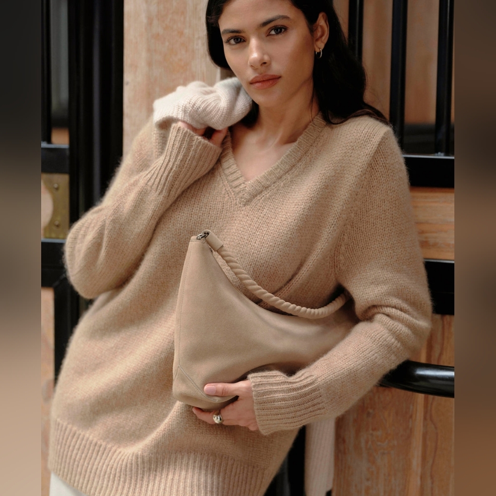 NWT Jenni Kayne Cashmere Kate V-Neck Sweater Small-Medium Caramel Tan Oversized